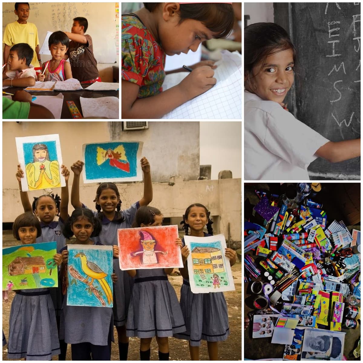 Children receiving educational support and school supplies through Shiksha Education for All program
