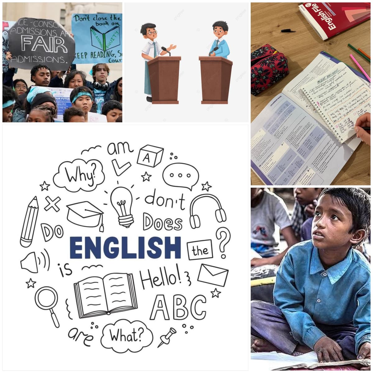 Students learning English speaking skills in interactive classroom environment